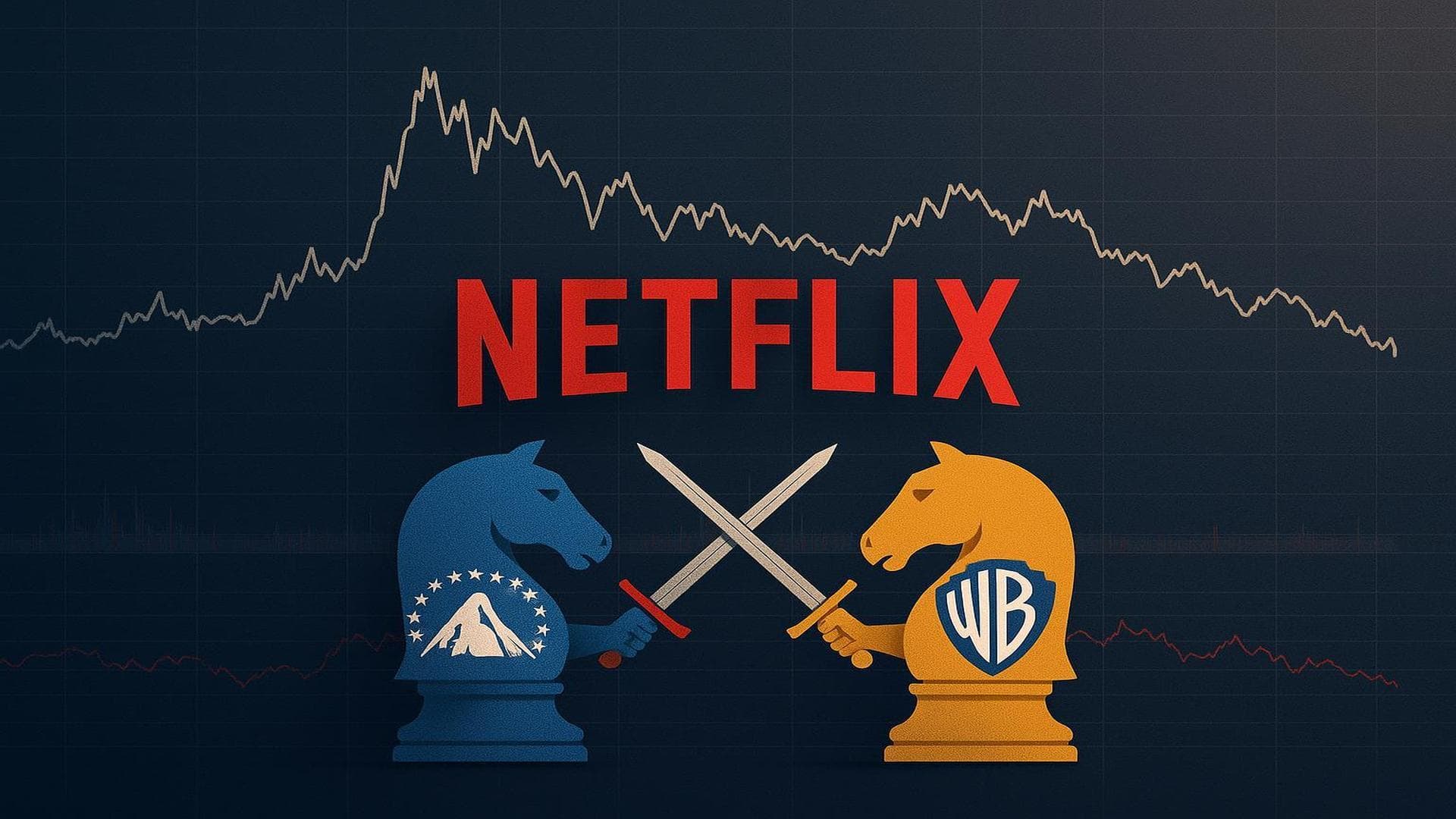 Netflix stock chart with bidding war visuals, highlighting impact of Paramount and Warner Bros. news