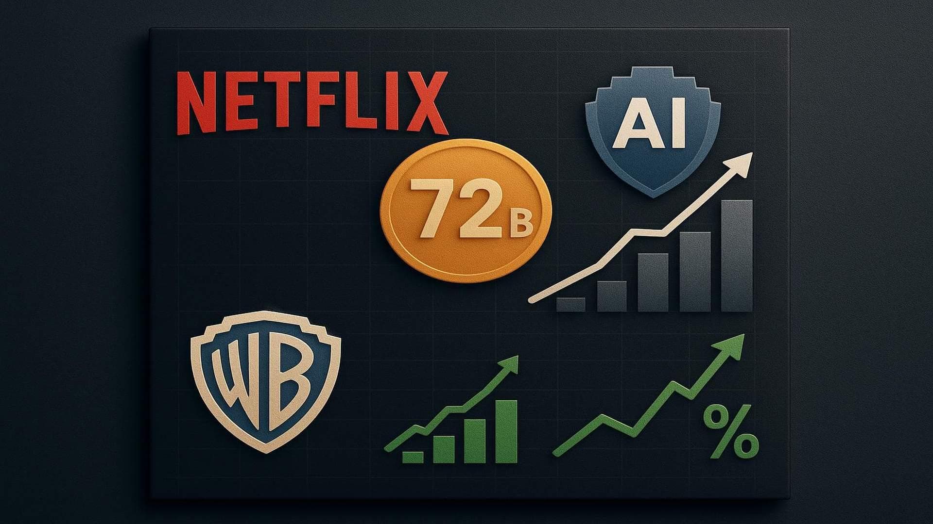 Netflix and Warner logos with AI growth chart, highlighting $72B deal and tech market optimism