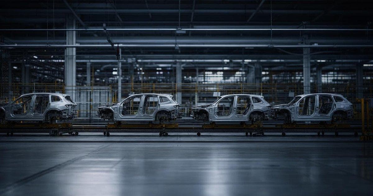 Automotive factory assembly line amid restructuring and layoffs as automaker pursues profit recovery