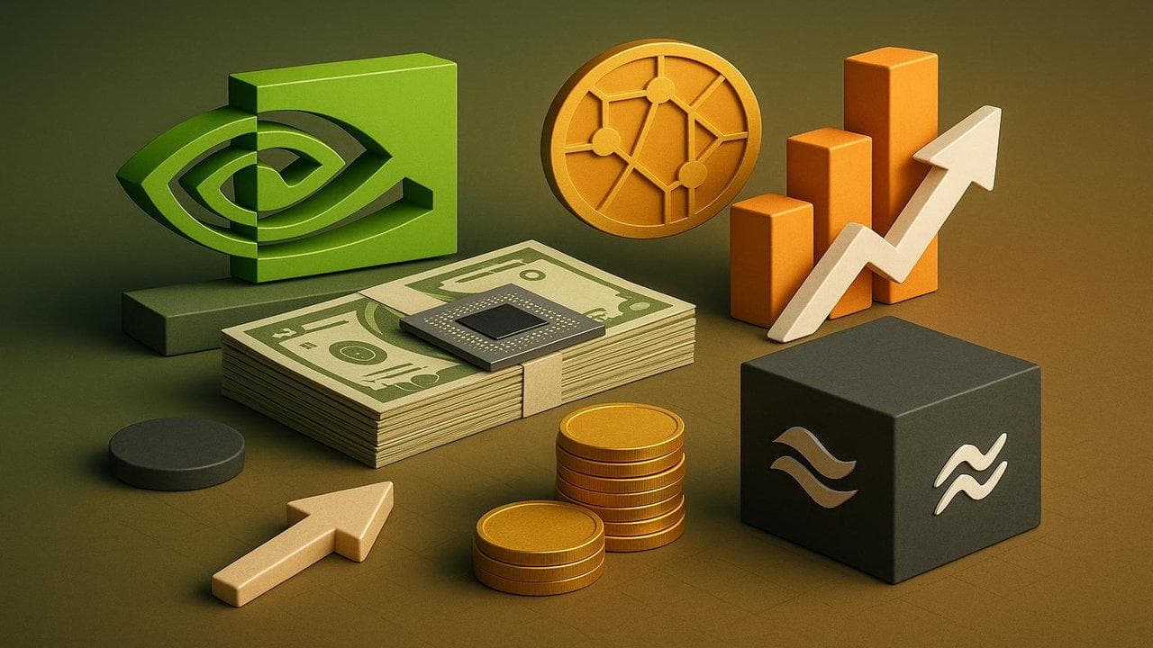 Nvidia and CoreWeave logos with AI data center background, highlighting $2B investment news