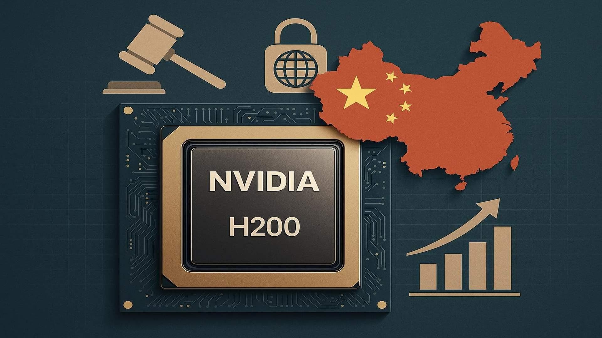 Nvidia H200 chip sales to China visual with regulatory and market opportunity themes