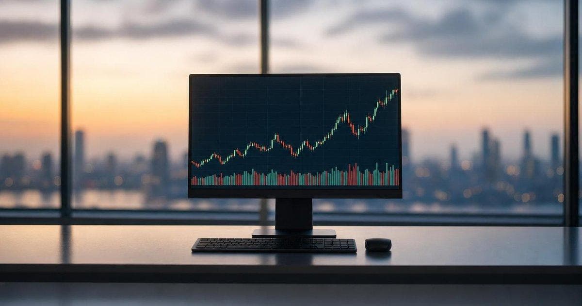 Digital stock chart on trading desk as OCTV and U.S. equities rally to record highs