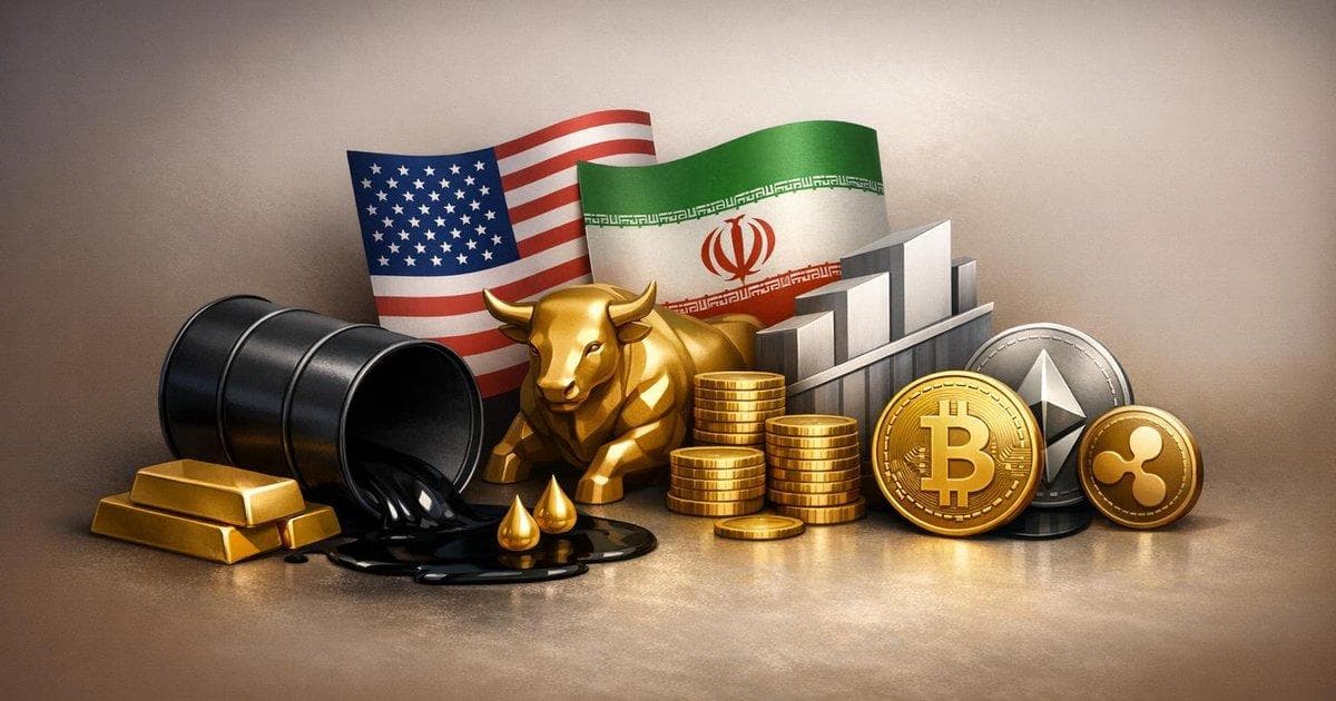 Chart showing oil prices falling while global stocks and crypto jump on US-Iran truce news