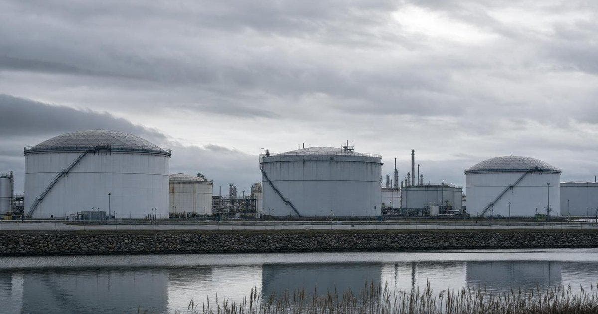 Crude oil storage tanks at an industrial terminal as US-Iran tensions lift oil prices