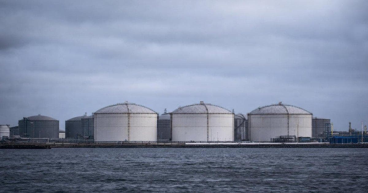 Crude oil storage tanks at a coastal terminal as Middle East tensions lift oil prices