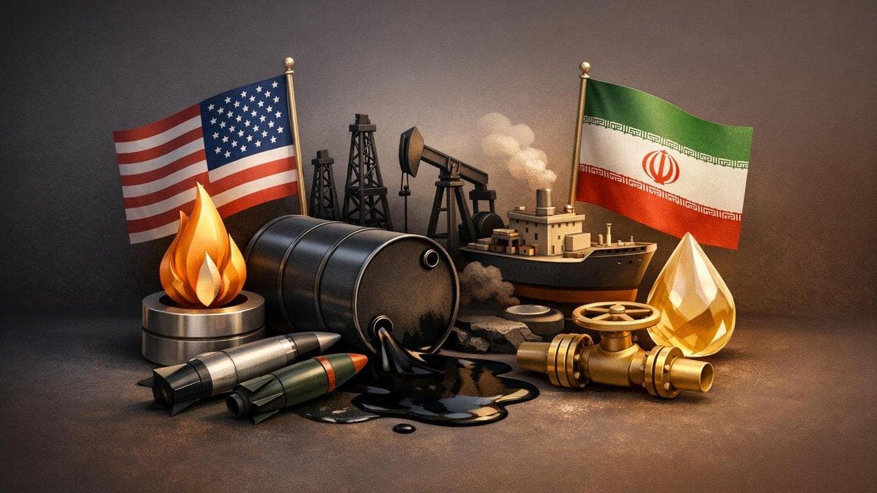Oil price surge visualization with US-Iran tensions impacting Persian Gulf energy flows