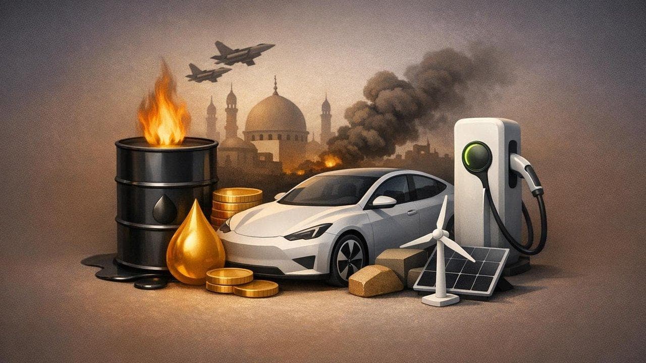 Oil price surge visualization with Middle East tensions and rising electric vehicle interest