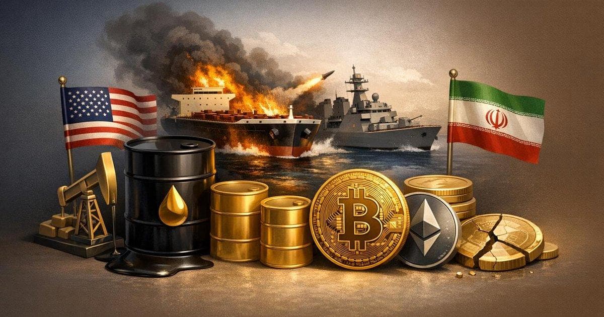 Oil price spike chart with Gulf naval clash near Strait of Hormuz and crypto market selloff