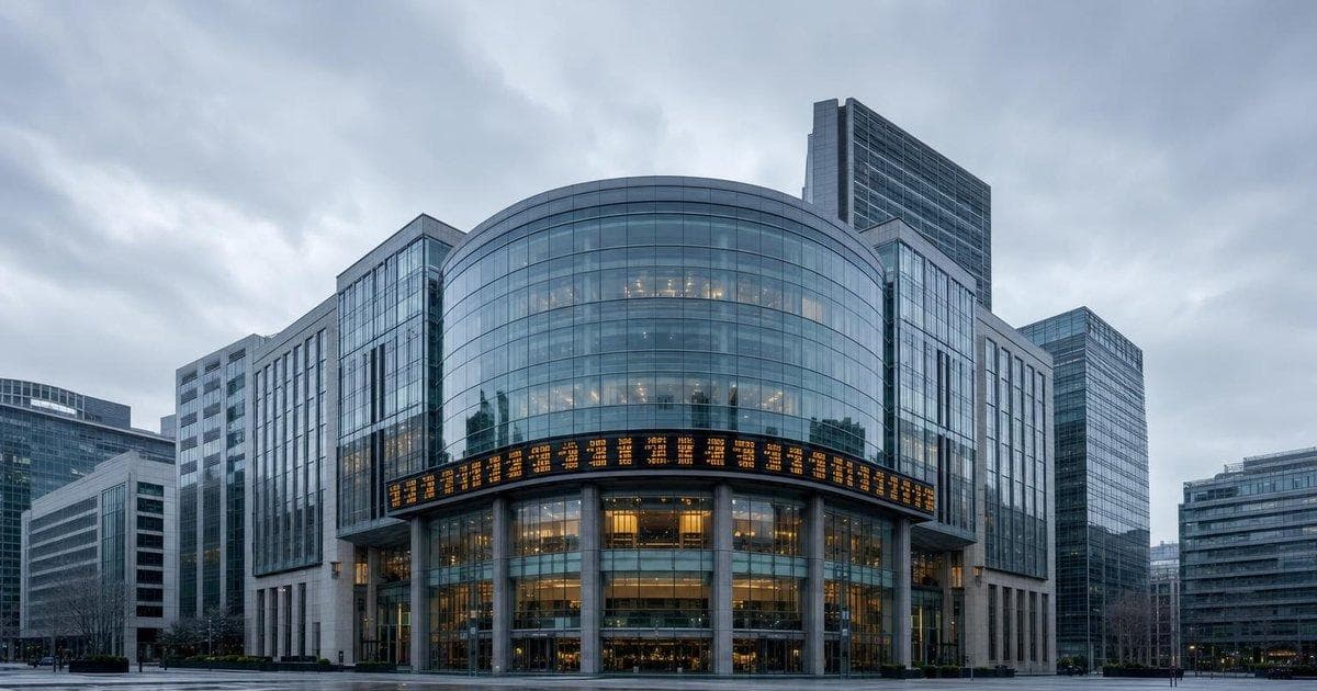 Glass-fronted stock exchange building with ticker displays illustrating potential OpenAI IPO plans