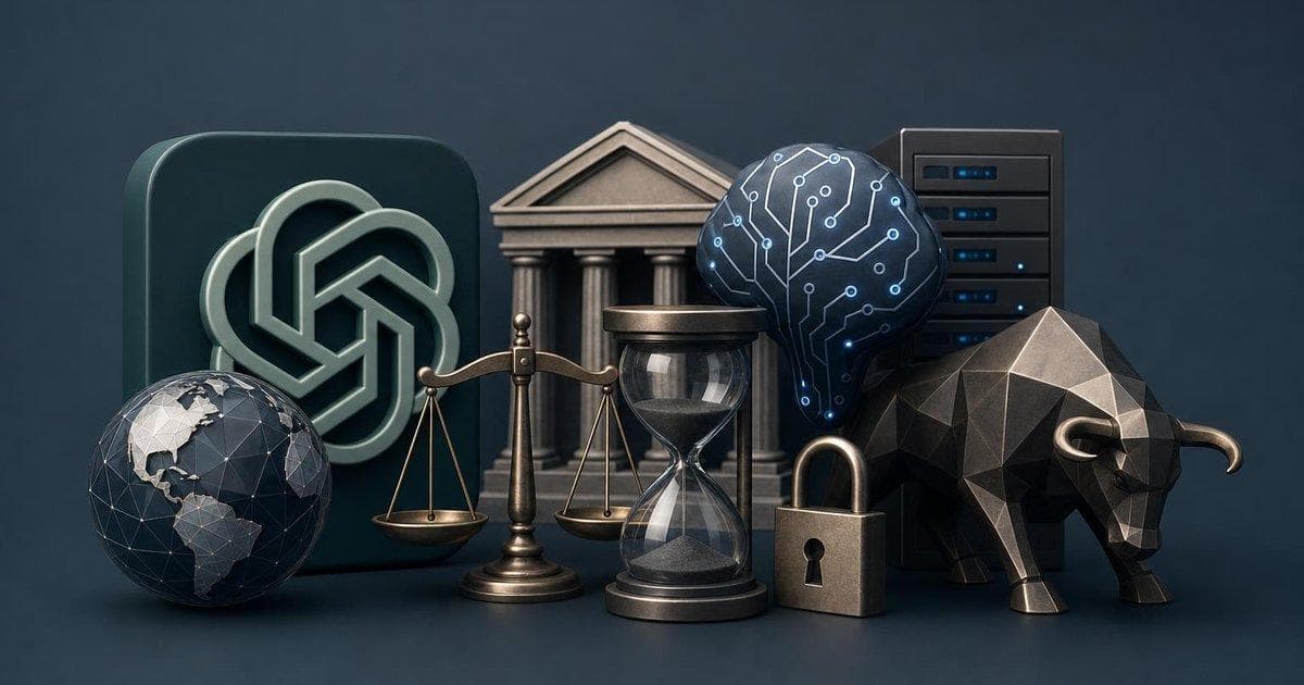 OpenAI IPO delay concept with stock market board and AI graphics under regulatory pressure