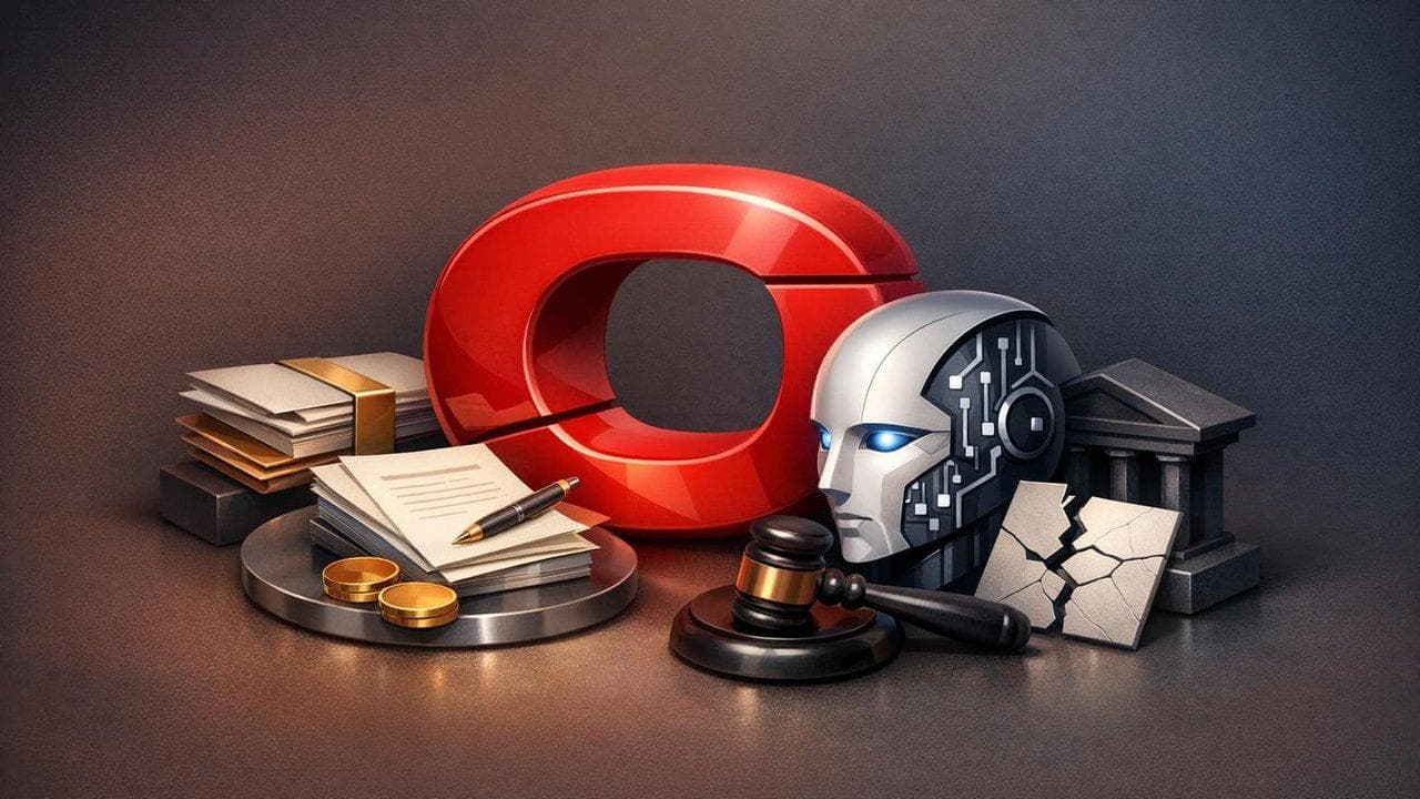 Oracle logo with legal scales and AI symbols, reflecting lawsuits and contract wins affecting Oracle stock