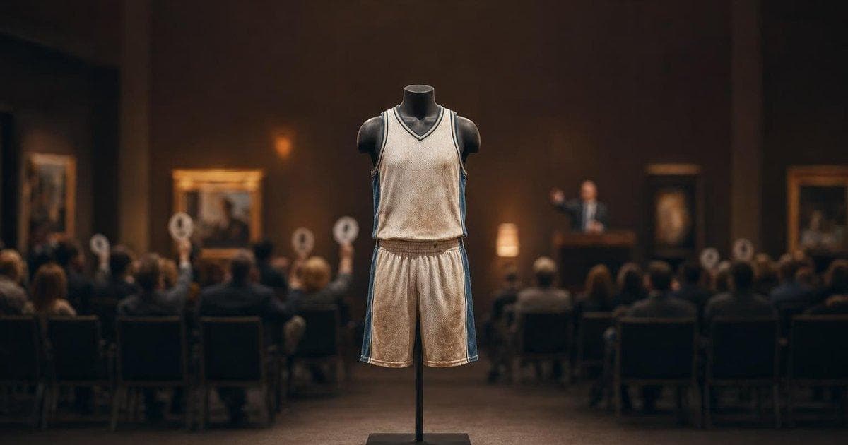 Game-worn basketball jersey on display in auction room after record sale for star guard memorabilia