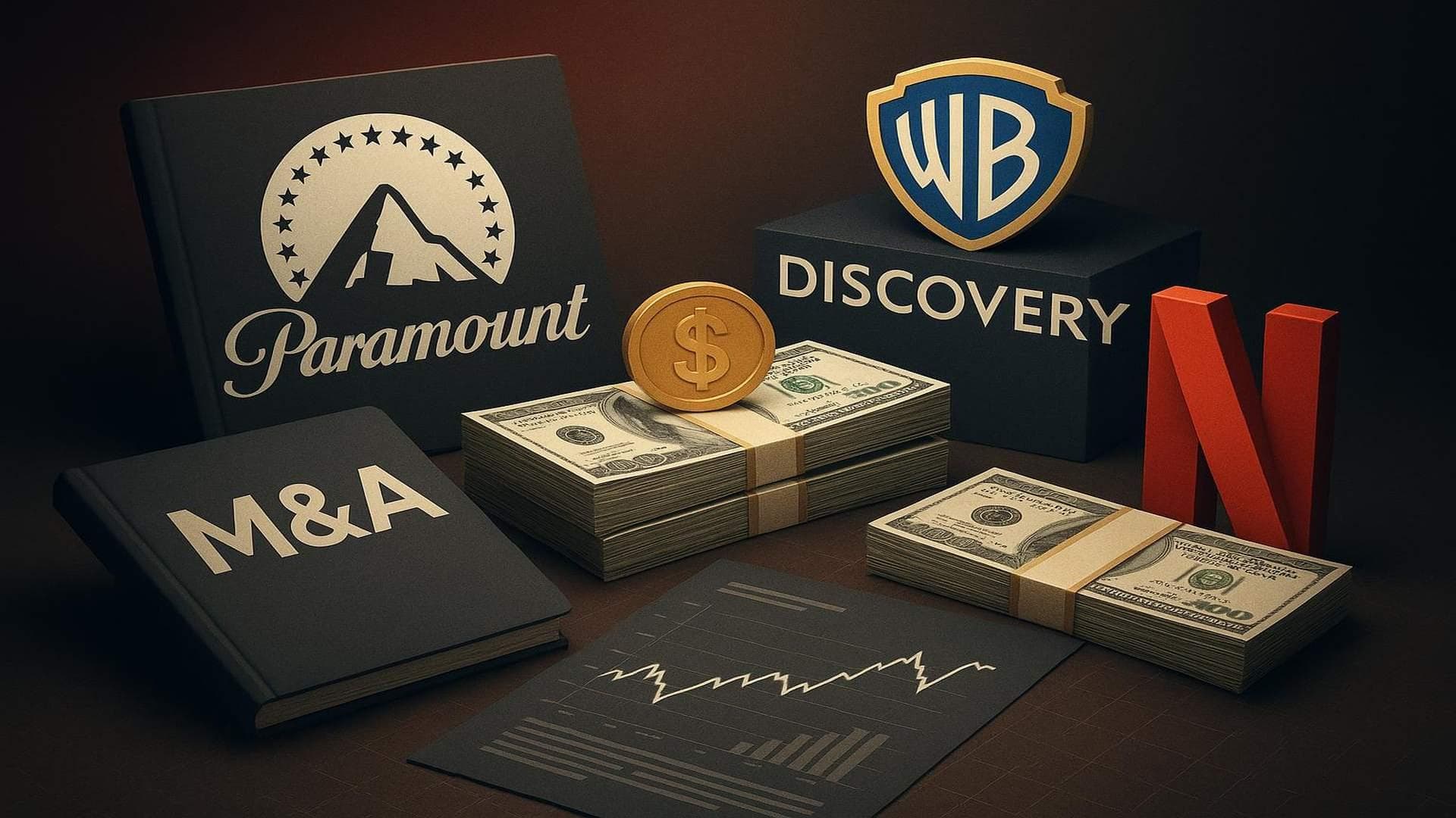 Paramount, Warner Bros. Discovery, and Netflix logos with M&A deal graphics and antitrust theme