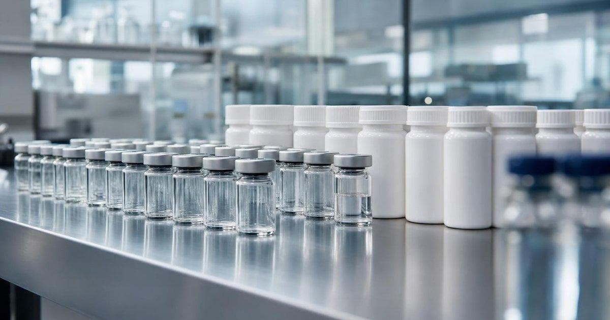 Pharma lab with unbranded cancer drug vials and pills illustrating major oncology alliance in pharma sector