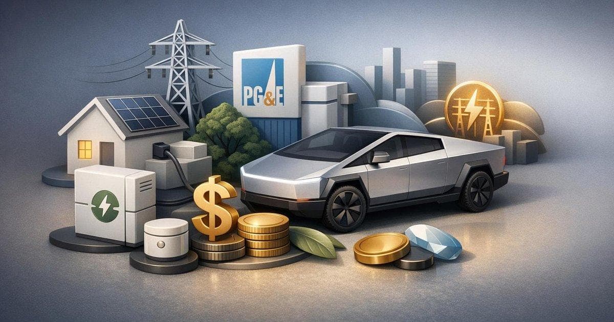 PG&E and Tesla Cybertruck V2G pilot illustration showing EV powering home and grid in California