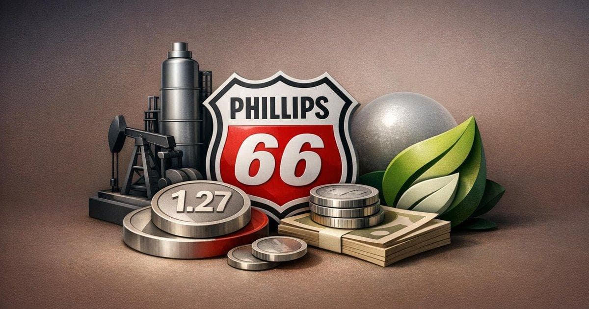 Phillips 66 dividend graphic highlighting $1.27 quarterly payout and energy transition focus