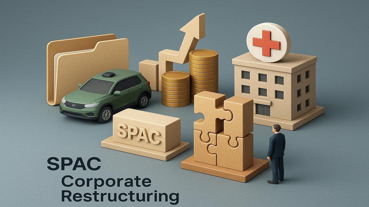 PlusAI, Zoomcar, and Jack Nathan Medical logos with SPAC and restructuring theme