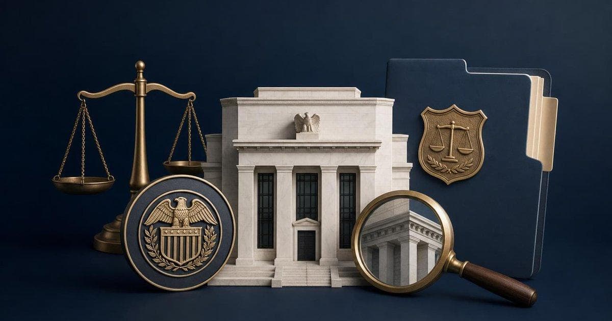 Illustration of Federal Reserve building with DOJ probe shifting to Fed inspector general oversight