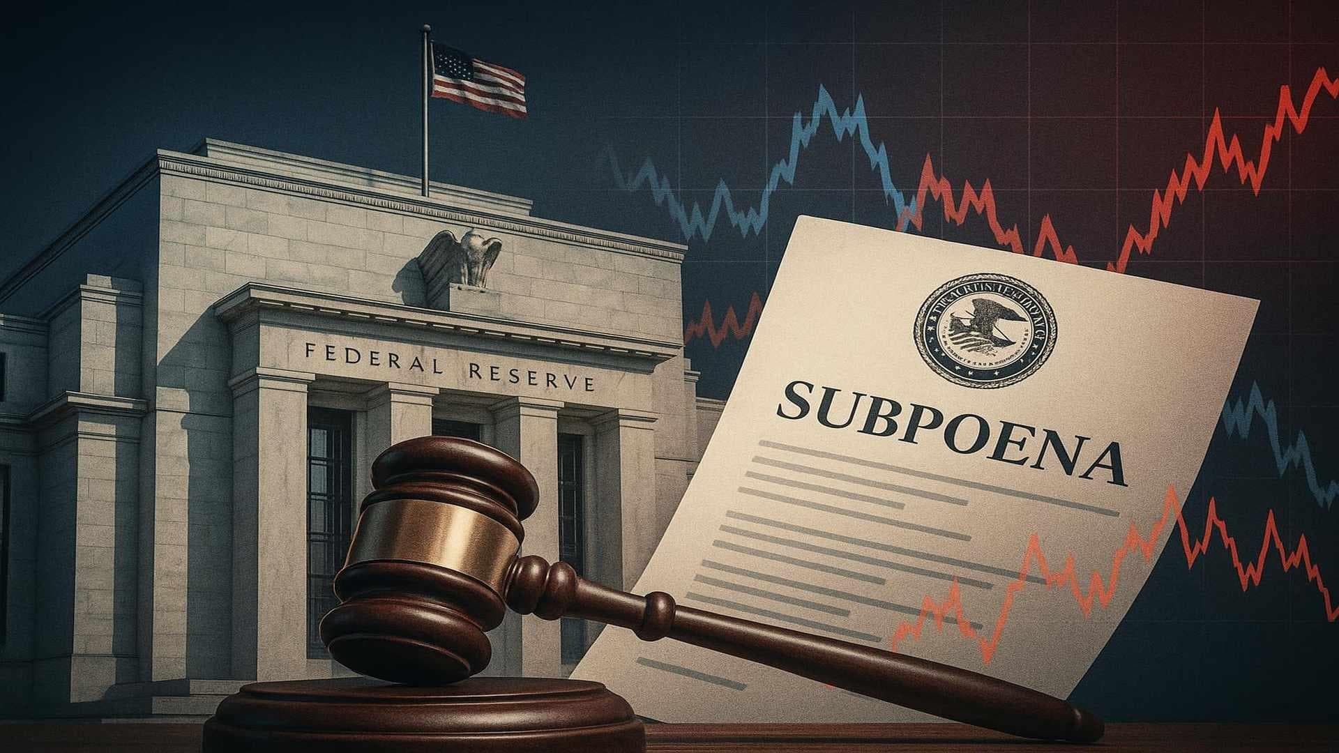 Federal Reserve building with subpoena and market volatility chart, highlighting Powell and Fed independence