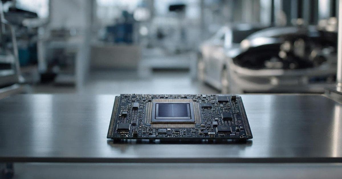 Semiconductor chip on circuit board symbolizing QCOM stock jump on auto and AI momentum
