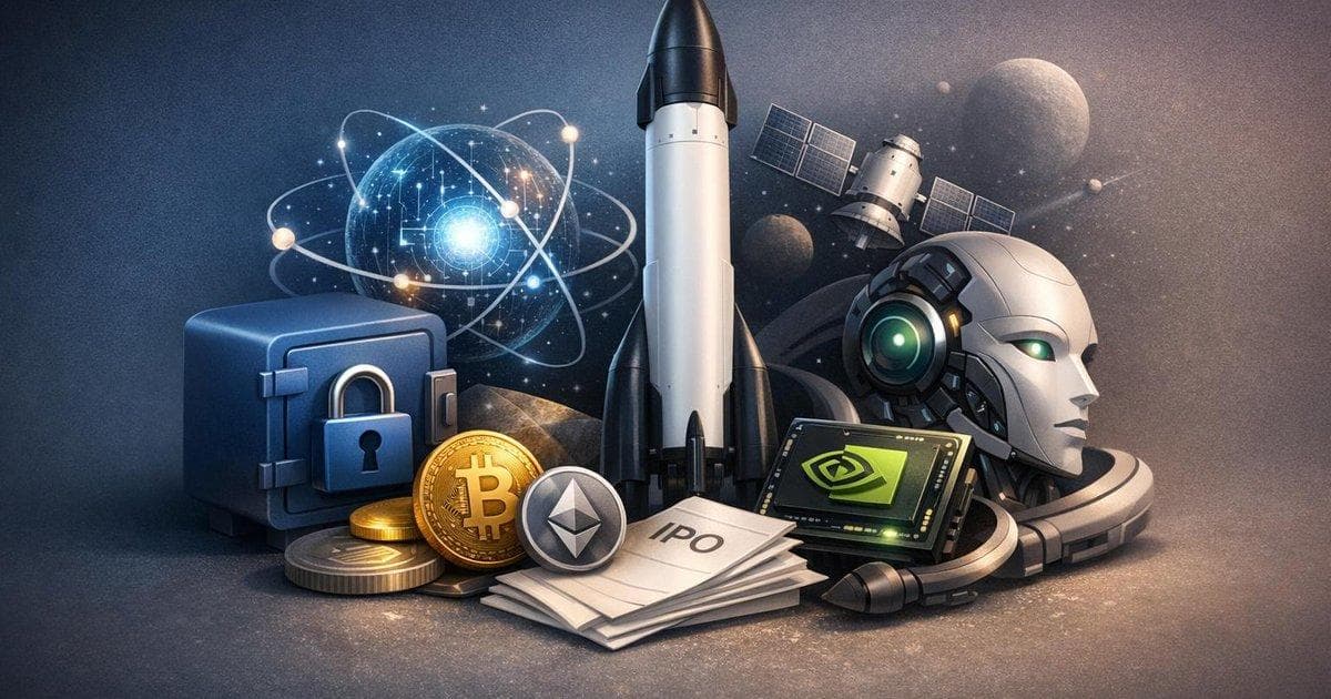 Concept image of Coinbase security shield, SpaceX IPO rocket, and NVIDIA AI orbiting in space