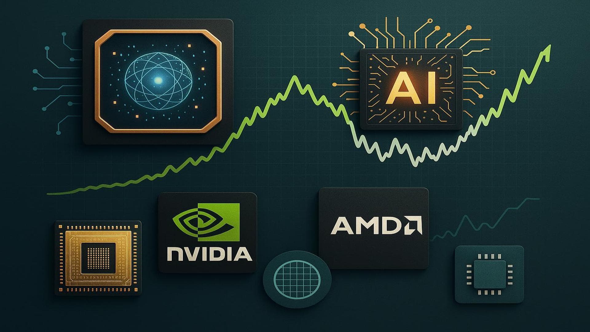 Nvidia and AMD chip stock trends with AI and quantum computing graphics for 2025 sector outlook
