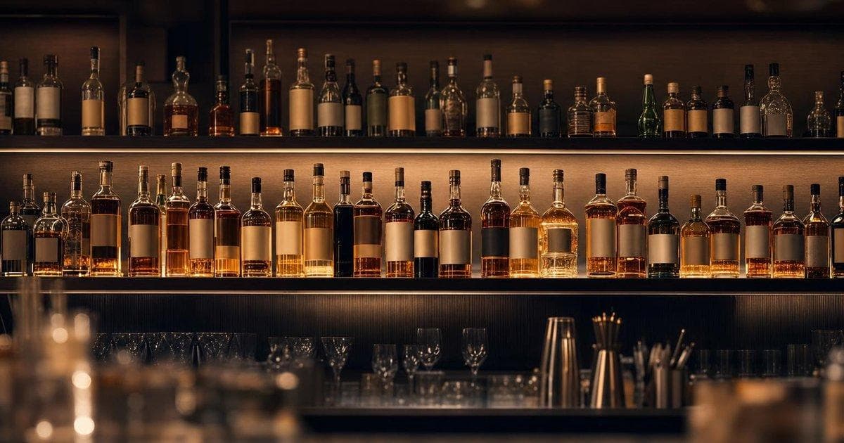 Premium liquor bottles on a bar shelf illustrating revival plans at a luxury spirits maker after profit drop