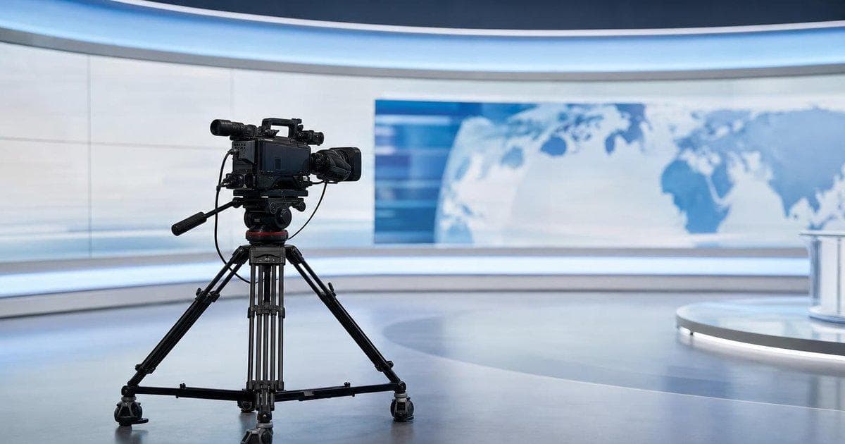 Television studio cameras in a modern media studio amid scrutiny of major media merger and regulatory hurdles