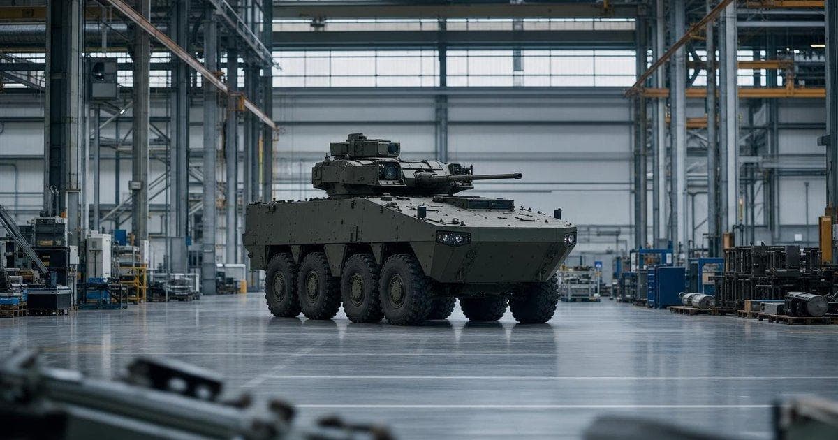 Armored vehicle on factory floor illustrating defence supplier €500m bond sale in fixed income markets