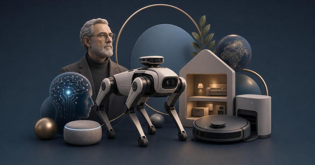 Four-legged AI home robot prototype in a living room, illustrating upcoming 2027 trials and 2028 launch