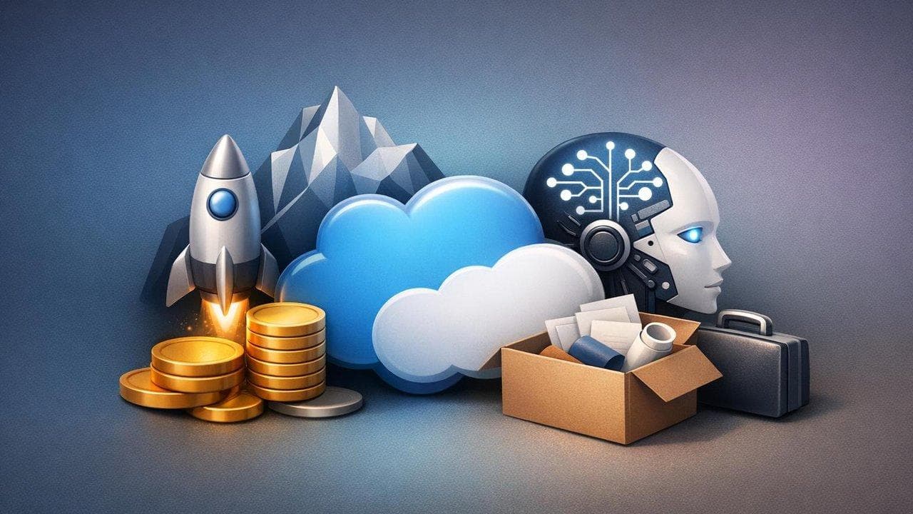 Salesforce logo with AI graphics and workforce restructuring theme reflecting fiscal growth
