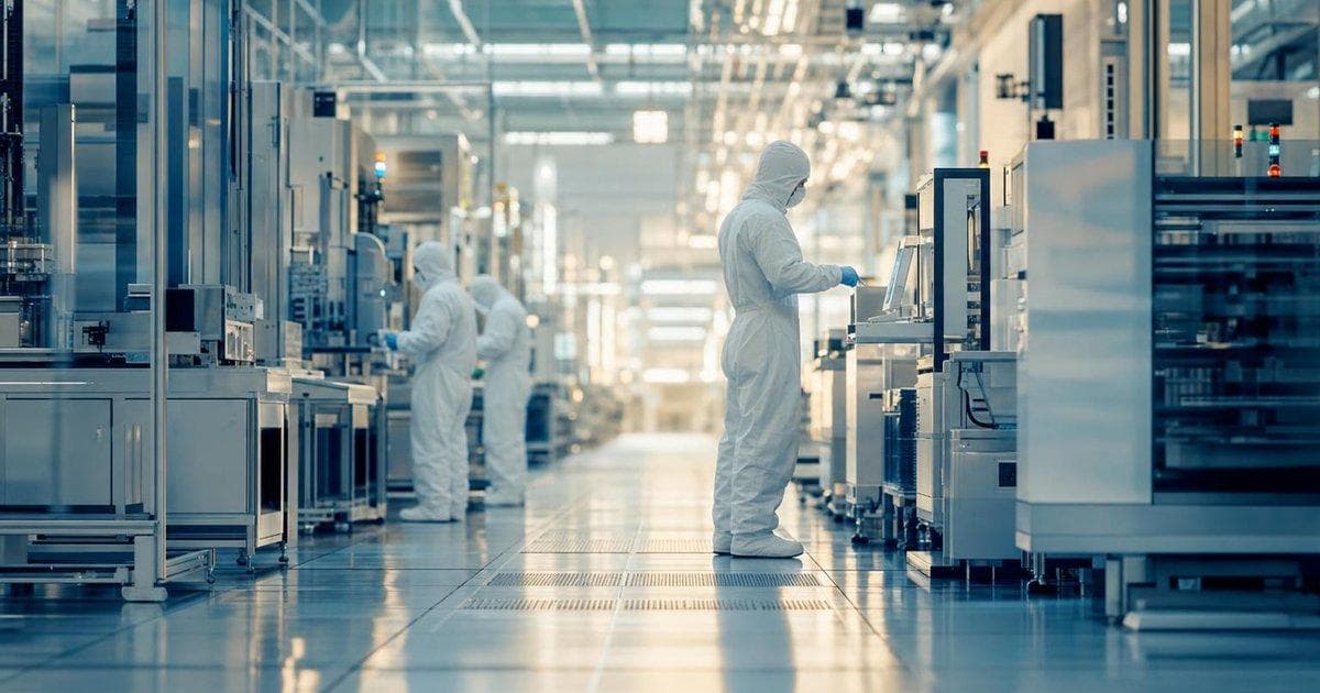 Semiconductor factory floor with workers in clean suits after tentative union deal lifts tech shares