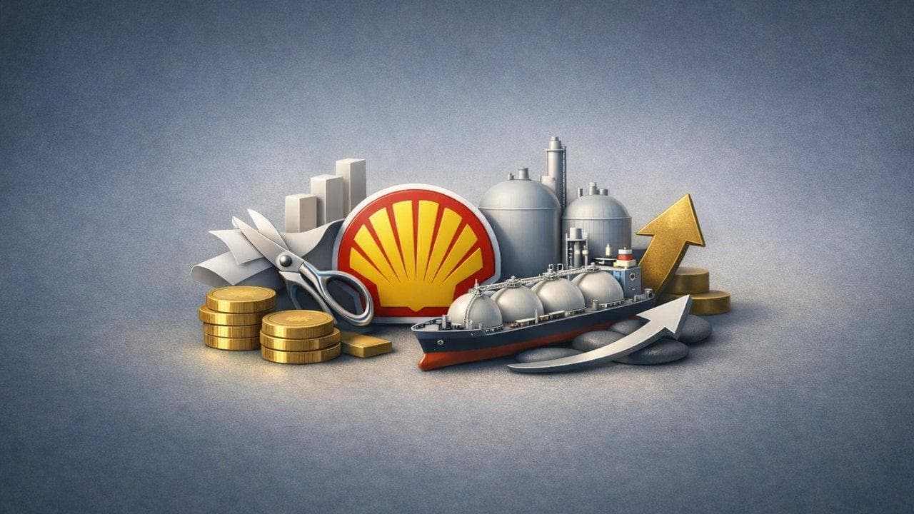 Shell logo with LNG growth chart highlighting 2025 earnings and future strategy