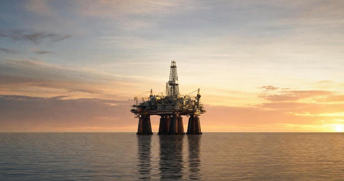 Offshore oil platform at sunrise symbolizing higher energy profits after oil price jump for major firm