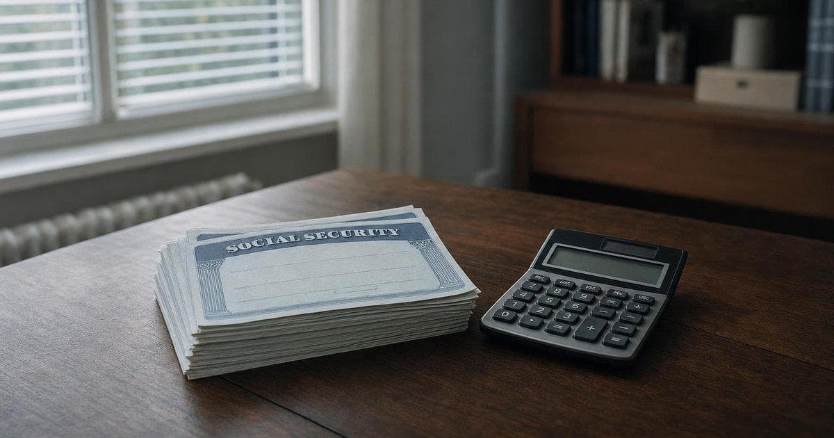 Social Security benefit checks and calculator on desk highlight 2032 trust fund shortfall risk