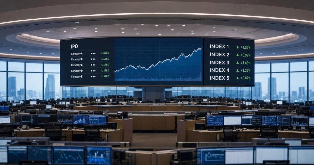 Stock exchange trading floor with IPO and index screens, illustrating impact of a major IPO on index portfolios