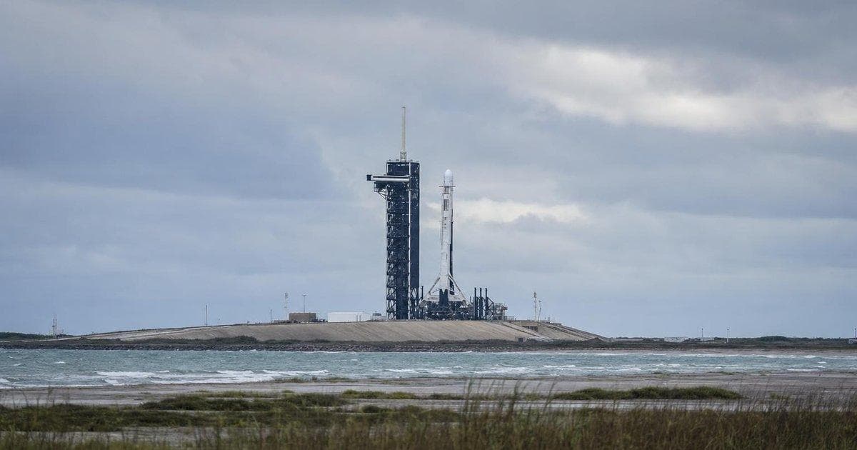 Reusable rocket on launch pad symbolizes plans for a record-sized IPO in the space sector