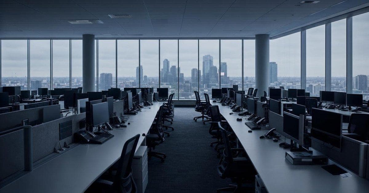 Empty desks in a bank back office reflecting STAN.L AI strategy and job cuts news