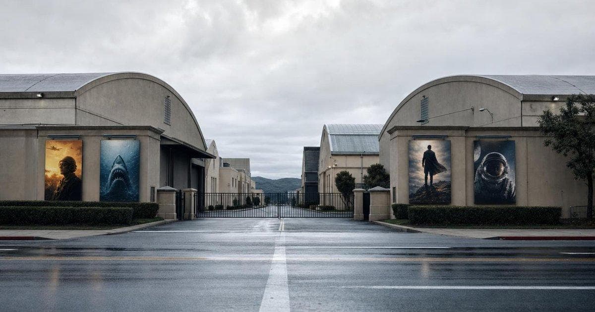 Film studio lot entrance under gray sky amid antitrust concerns over major media merger