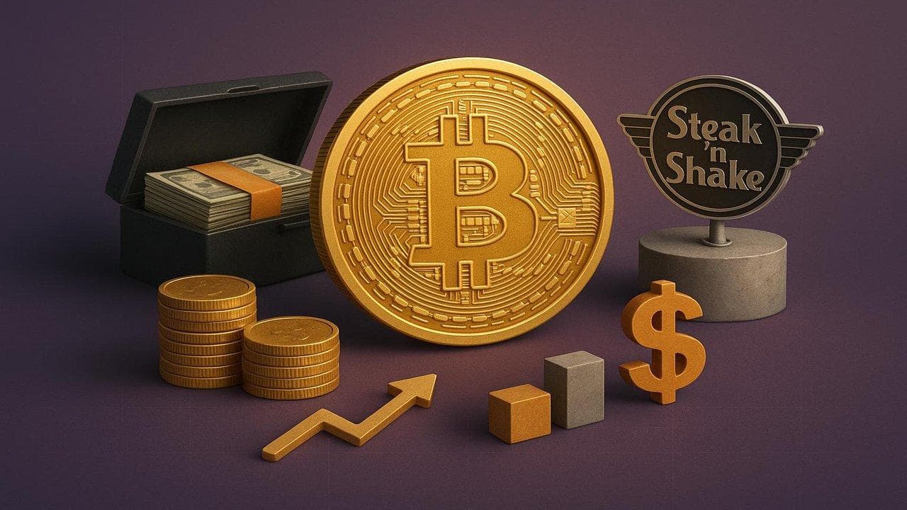 Steak ’n Shake logo with Bitcoin symbol highlighting $10M crypto investment and promotions