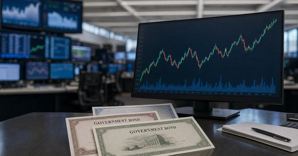 Government bond documents and stock chart on trading desk as strong May jobs data lifts yields and hits stocks