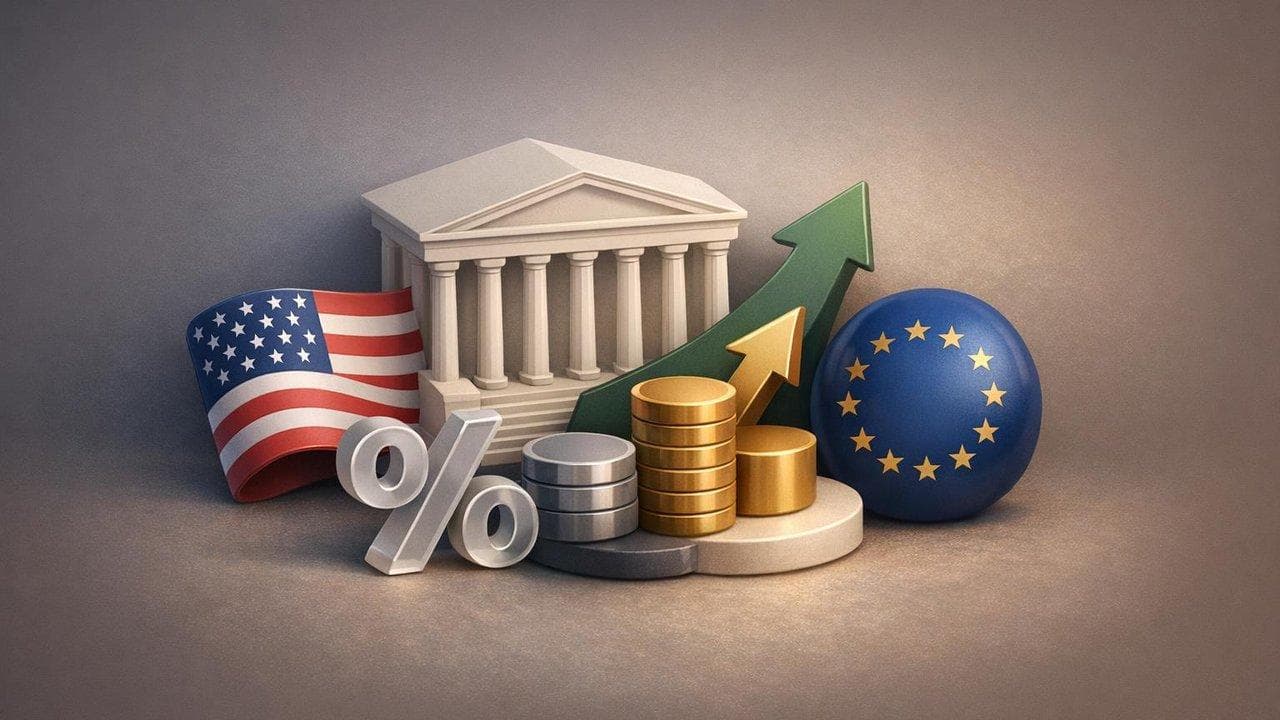 Supreme Court building with trade policy documents and rising yield charts, SCOTUS, US markets