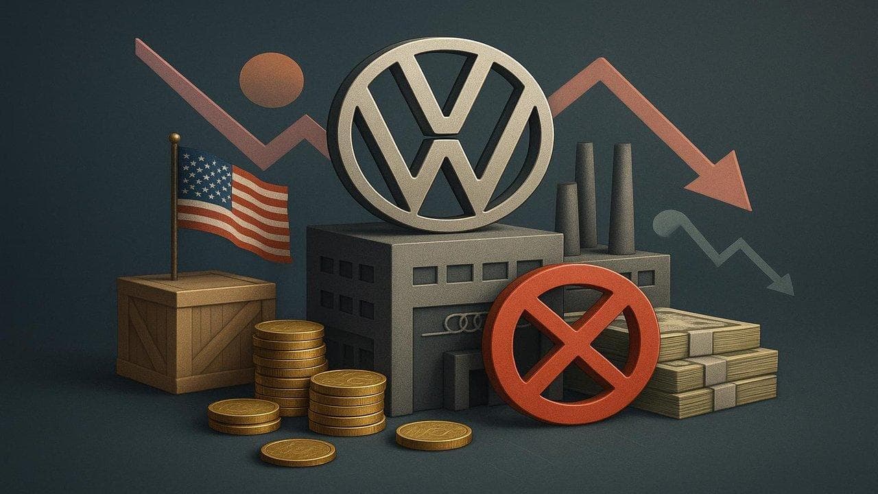 Volkswagen logo with US tariffs impact, Audi plant plans paused, auto sector investment affected