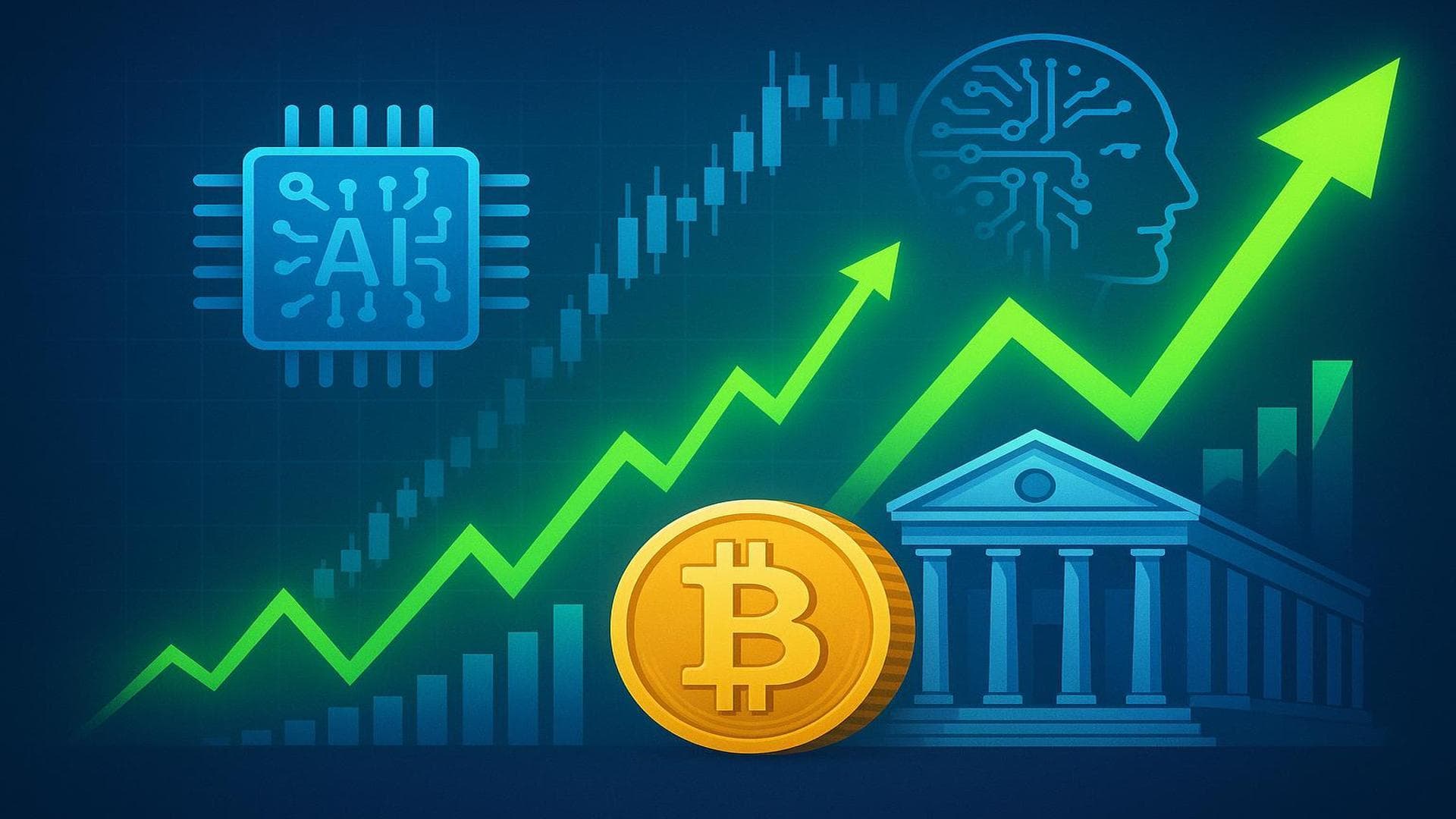 Tech stocks and Bitcoin price charts rising, with AI and Federal Reserve symbols, market rally theme