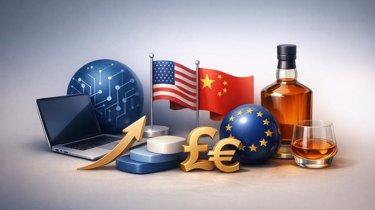 Tech sector stocks visualization showing US and Asian market gains, Diageo volatility in Europe