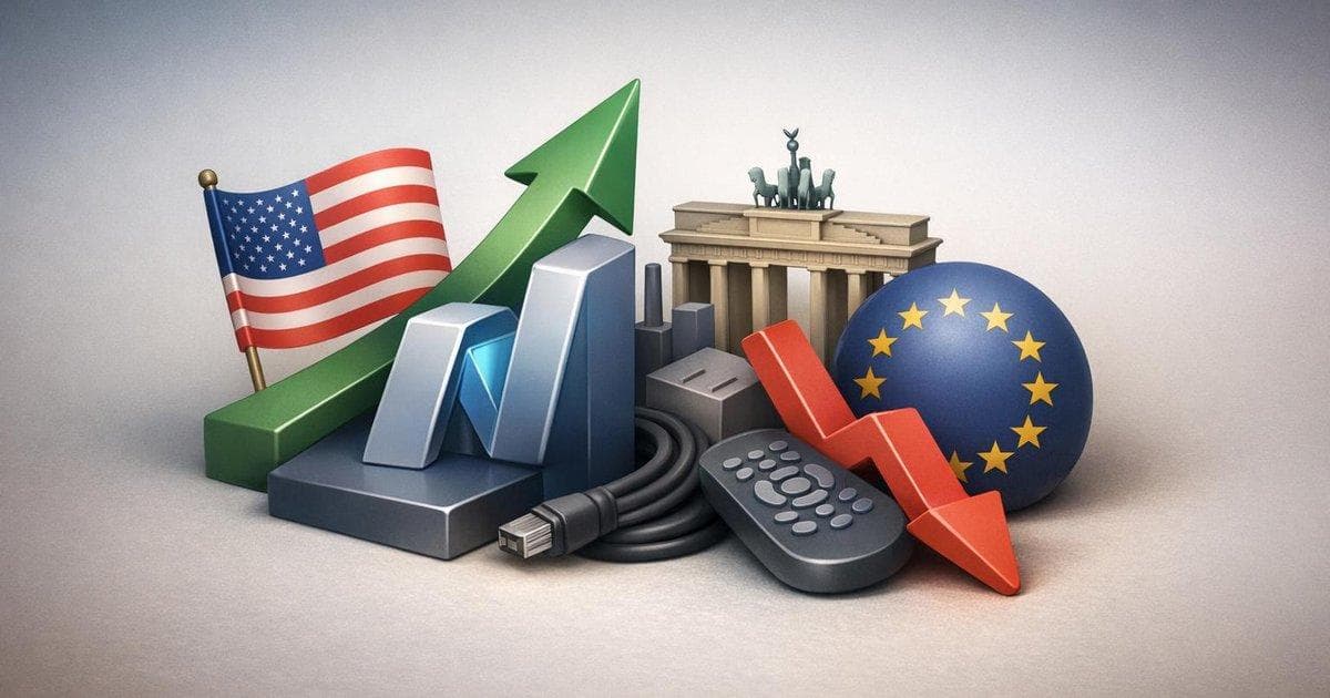 Chart comparing rising Nasdaq tech-led gains versus falling euro-area stocks after German Ifo and Charter results