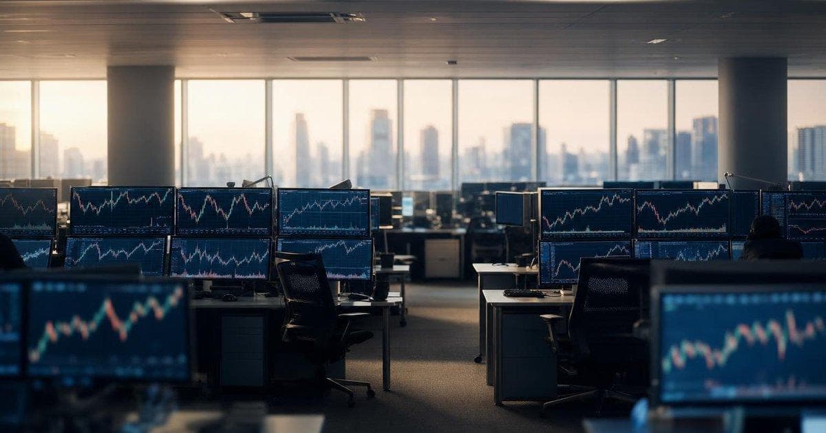 Hedge fund trading desk with tech stock charts on screens as market rally boosts returns