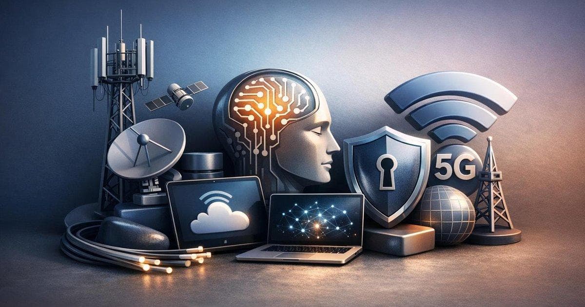 Telecom and tech sector growth concept with AI, security, and connectivity focus