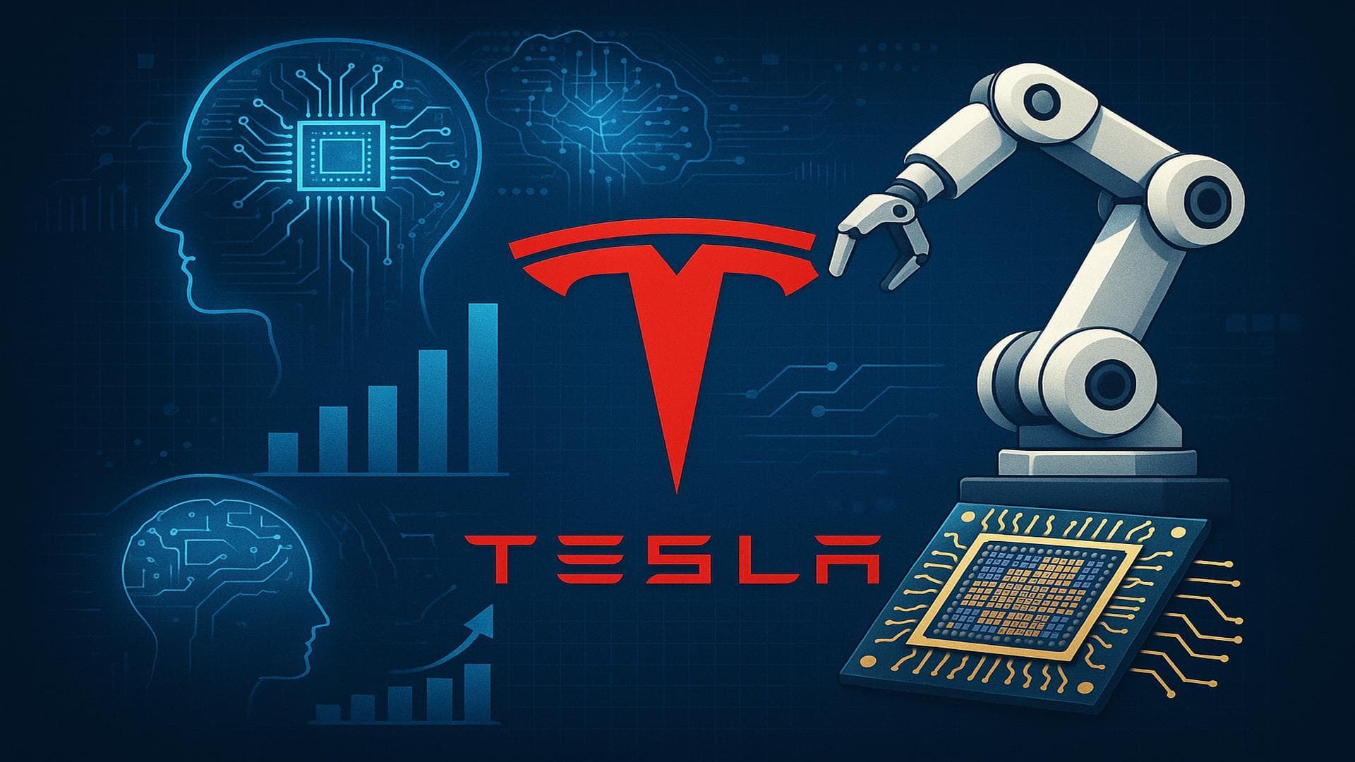 Tesla AI robotics and chip fab expansion visual with $1T pay package impact