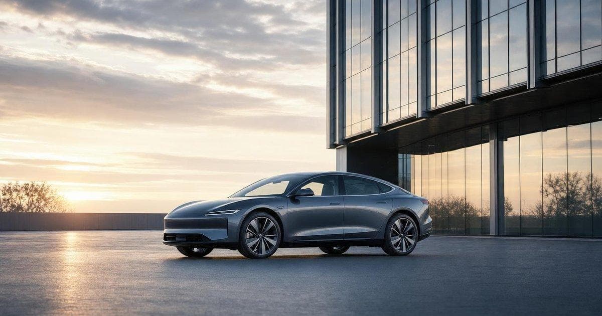 Unbranded electric car by glass offices illustrating bullish momentum in TSLA stock